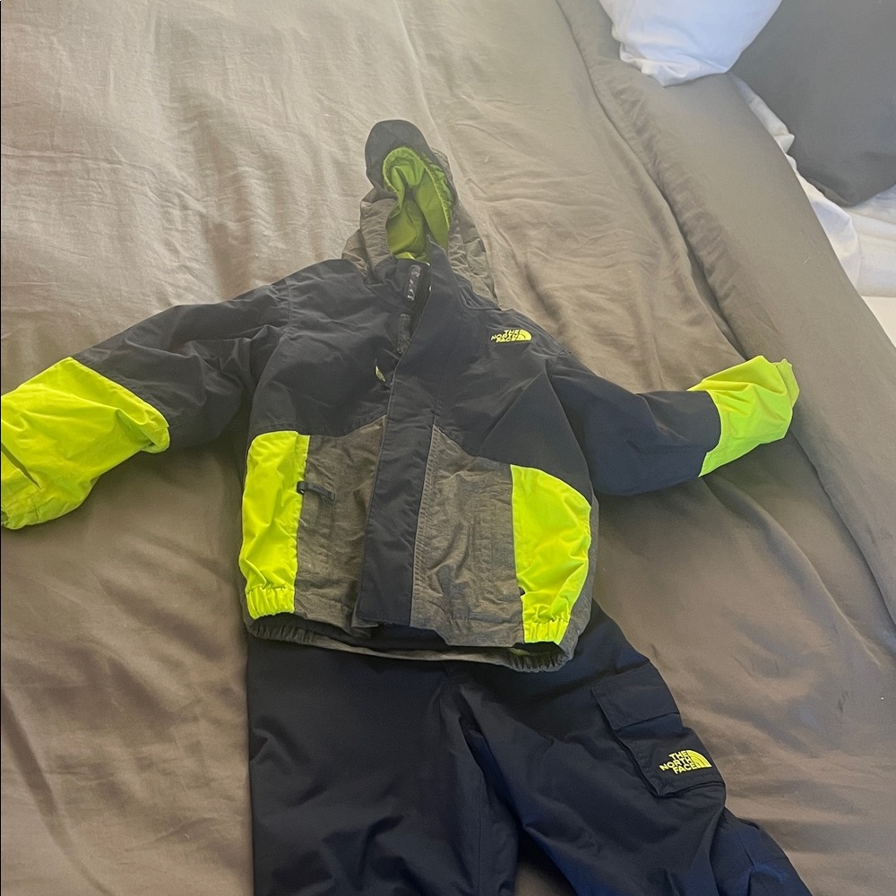 The North Face Black and Neon Green Kids Ski Jacket and Pants